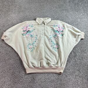 VINTAGE Suzy Phillips Shirt Womens Large Beige Dolam Sleeve Shoulder Pads